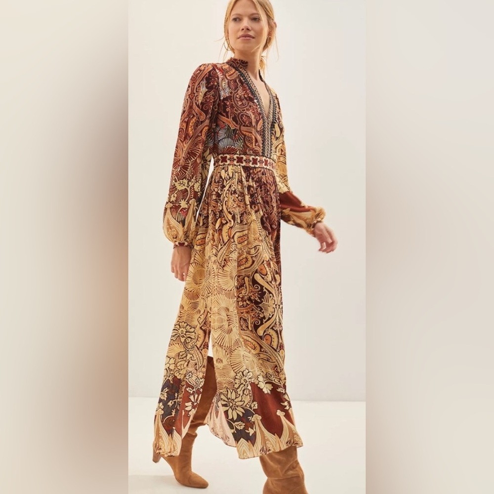 Long Anthropologie Satin-Like Dress w. Beaded Neckline